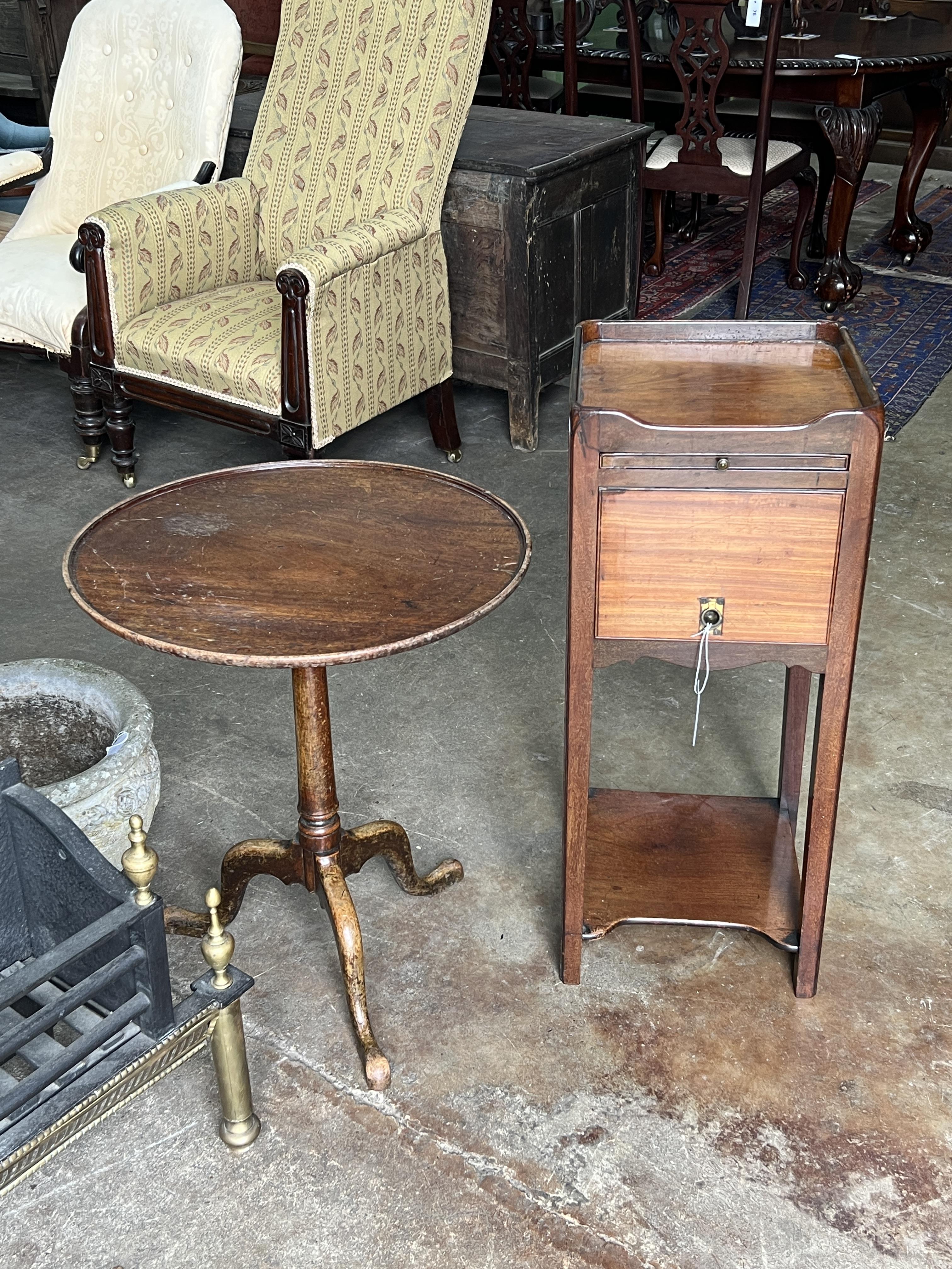 A George III mahogany tray top bedside cupboard, width 33cm, depth 33cm, height 81cm together with a 19th century circular tilt top wine table